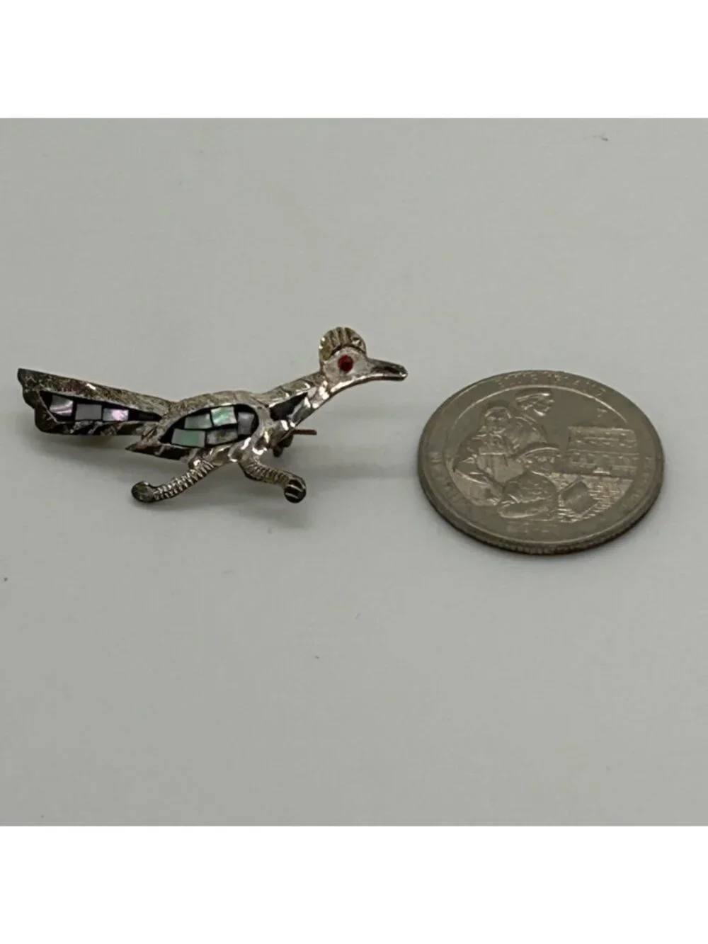 Vintage Heco En Mexico Sterling Silver 925 Abalone Shell Roadrunner Bird Brooch - Picture 6 of 12